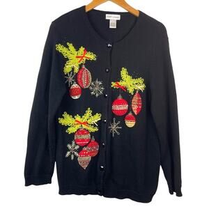 Holiday Black Sweater Festive Ornaments Christmas Sweater Vintage Large